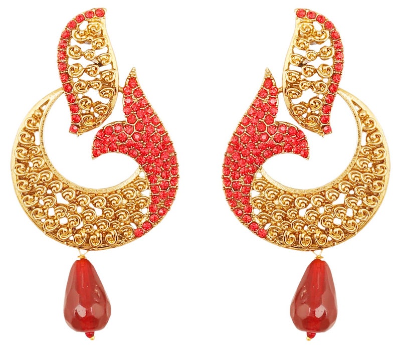 Touchstone Indian Bollywood pretty curved fish motif candy red Rhinestone long bridal designer jewelry chandelier earrings for women in antique gold tone - Image 1